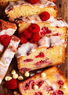 raspberry pound cake with white glaze and fresh raspberries on top