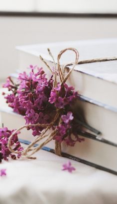 purple flowers are tied on top of two books