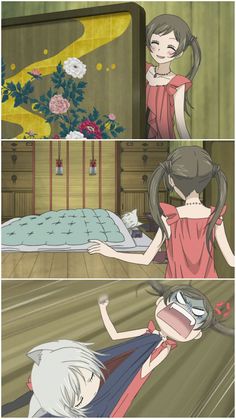 two different pictures of an anime scene with the same person in bed, and one showing her