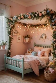 a bedroom decorated in pastel colors with flowers on the bed and lights strung from the ceiling