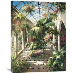 a painting of a greenhouse with potted plants and flowers on the walkway leading to it