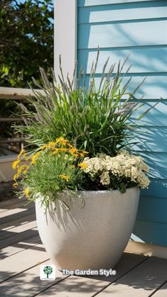 a large planter filled with lots of flowers on top of a wooden floor next to a blue wall