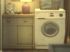 a washer and dryer sitting on top of a wooden cabinet next to a lamp