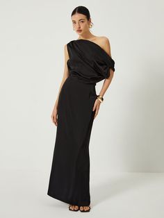 Satin One Shoulder Off Split Long Dress Long Sleeve Black Tie Dress, Nye Wedding Guest Dress, Black Sleeveless Midi Dress, Shoulder Off, Split Long Dress, Aesthetic Look, Looks Black, Maxi Dress Navy, Witch Art