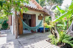 a hammock hanging from the side of a house next to trees and plants