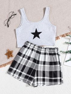 Tween Girl Summer Simple Casual Star Patterned Vest And Plaid Shorts Flame-Retardant Home Pajama Set Multicolor Casual    Geometric,Plaid  Slight Stretch  Tween Girls Clothing, size features are:Bust: ,Length: ,Sleeve Length: Teen Pajamas, Pj Outfit, Patterned Vest, Summer Pajamas, Vest Pattern, Tween Outfits