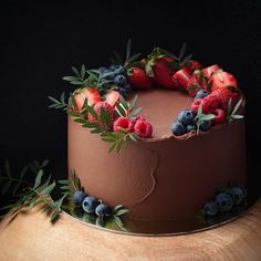 a chocolate cake with berries and leaves on top