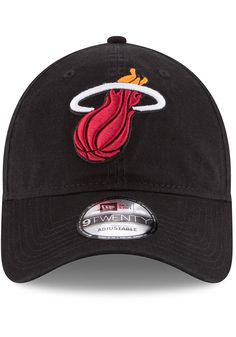 This Miami Heat Black Adjustable Hat features a front embroidered team logo on a lightly-structured cotton crown, with pre-curved visor and adjustable backstrap. Team logo embroidered on the front, Cloth Strap Closure to dial in the perfect fit, Relaxed, unstructured fit, Pre-curved bill, 100% cotton construction, New Era Flag logo on side, Dad hat, 100% Cotton, Washable, Imported Fan Gear Dad Hat With Embroidered Logo, Dad Hat With Embroidered Logo For Fan Gear, Embroidered Logo Dad Hat For Fan Gear, Cotton Hat With Team Logo For Sports Events, Dad Cap With Embroidered Logo For Fan Gear, Cotton Sports Hat With Team Logo, Team-colored Cotton Hat With Embroidered Logo, Casual Cotton Hat With Team Logo, Casual Hat With Appliqué Logo And Curved Brim