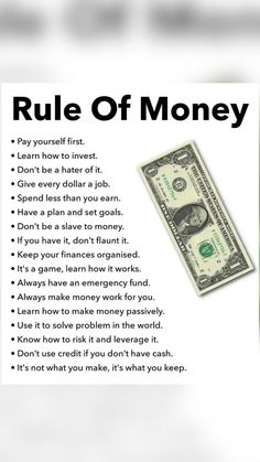 a poster with the words rules of money written on it and an image of a one dollar bill