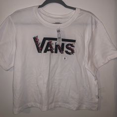 White Vans Shirt. Small Size. New Vans White Relaxed Fit Tops, White Short Sleeve Vans Tops, White Graphic Print Top By Vans, Vans Summer Graphic Tee Tops, Vans Graphic Tee For Summer, Vans Graphic Tee Tops For Summer, White Vans T-shirt For Summer, Casual White Vans Tops, Vans Casual T-shirt For Spring