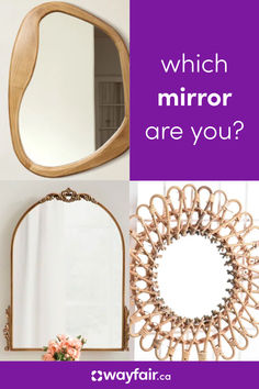 a mirror that is next to a vase with flowers in it and the words which mirror are you?