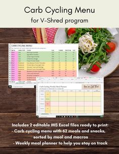 This carb cycling menu and weekly meal planner are designed to simplify carb cycling for the V-Shred program. You must have your own V-Shred account to print the recipes. The menu includes 62 meals and snacks that are sorted by meal, type of carb day (low, moderate, high), and include the macros. The weekly meal planner allows you to plan out all your meals and snacks for the week to help you stay on track! You must have a V-Shred account to pull up the recipes - this is a menu and planner I made for myself using V-Shred - the recipes are in their program. This is a digital product and will be a DIGITAL DOWNLOAD ONLY (no physical product will be delivered, no refunds). The files are editable and ready to print. All recipes are from the V-Shred program and can be accessed from within the V- Carb Cycling Menu, Cycling Food, V Shred, Banana Protein Pancakes, Cycling For Beginners, Protein Power