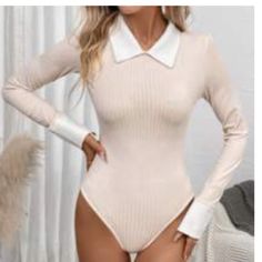 Never Worn. In Packaging. Brand New. Crystal Makeup, Ribbed Knit Bodysuit, Color Block Tee, Knit Bodysuit, Contrast Collar, Womens Bodysuit, Body Suit, Long Sleeve Knit, White Tops