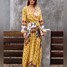 Vici Yellow Print Flowing Long Sleeve Maxi Dress With A Draped Neckline And Sash Tie. New With Tags. Size Large Additional Details In Photos Get A Free Gift With This Purchase Bundle To Receive A Discount Otherwise Price Is Firm Please. Draped V Neckline Long Sleeves With Elastic Cuffs Elastic Waist Partially Lined Long Sleeve Yellow Boho Print Dress, Yellow Long Sleeve Boho Print Dress, Yellow Long Sleeve Dress With Boho Print, Long Sleeve Yellow Dress With Boho Print, Yellow Long Sleeve Maxi Dress For Beach, Yellow Long Sleeve Bohemian Dress, Yellow Flowy Long Sleeve Maxi Dress, Yellow Bohemian Maxi Dress For Fall, Fitted Long Sleeve Printed Boho Dress