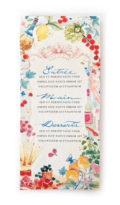 the wedding card is decorated with colorful flowers and fruit