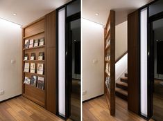 there are two pictures of the inside of a house with wood floors and glass doors