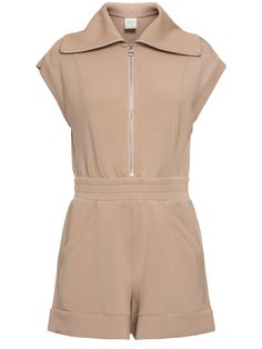 Front zip closure. Elastic waistband. Two side pockets. One back pocket. Model is wearing a sizeS Fitted Jumpsuits And Rompers With Pockets, Fitted Short-length Jumpsuits And Rompers With Pockets, Pocket Model, Back Pocket, Flat Espadrilles, Swim Accessories, Shearling Jacket, Heeled Loafers, Ski Wear