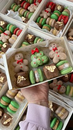 there are many different types of macaroons in the box and someone is holding one