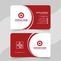 two red and white business cards with circles on the front, one has an image of a