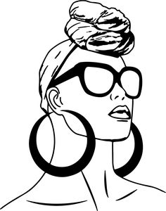 a black and white drawing of a woman wearing sunglasses with a bun on her head