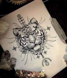 a drawing of a tiger's face on a piece of paper next to crystals