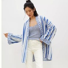 Nwt, Anthropologie Blue & White Seaside Striped Kimono. Gauzy & Drapey! Oversized! 100% Cotton - Machine Wash Open Front 30" Long Gorgeous! A10 Blue Kimono For Spring Daywear, Blue Kimono For Daywear In Spring, Blue Spring Kimono For Daywear, Blue Cotton Kimono For Daywear, Long Sleeve Blue Kimono For Daywear, Blue Long Sleeve Kimono For Daywear, Casual Indigo Kimono For Spring, Summer Cotton Outerwear In Indigo, Summer Blue Outerwear For Daywear