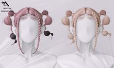 two female mannequins with different colored hair and braids on their heads