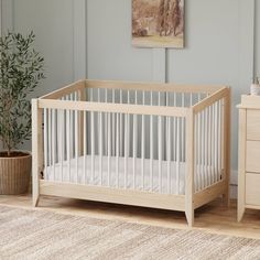 a baby crib in the corner of a room with a rug on the floor