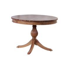 a round wooden table with four legs and a wood top on an isolated white background