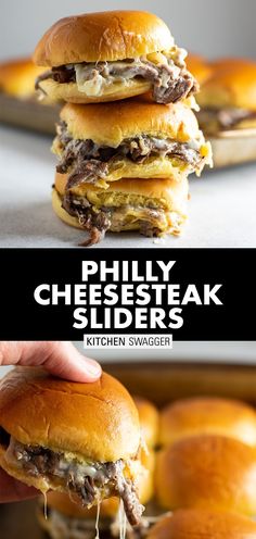 three cheesesteak sliders stacked on top of each other with the words, phily cheese steak sliders