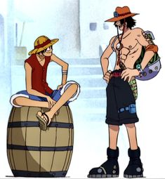 two cartoon characters sitting on top of a barrel