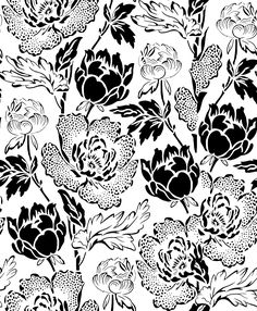 a black and white floral pattern with flowers in the middle, on a white background