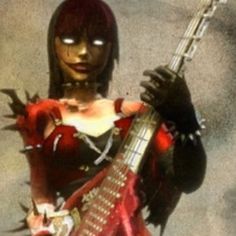 a woman holding a guitar in her right hand with spikes on it's body