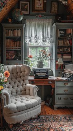 an old fashioned chair sits in front of a desk with a typewriter on it