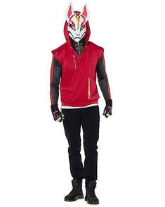 a person wearing a red and black outfit with a white mask on top of it