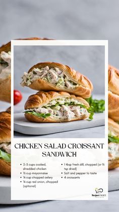 the chicken salad croissant sandwich is cut in half and stacked on top of each other