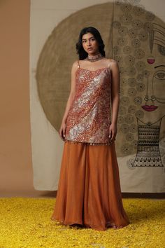 Indian Short kurta in georgette fabric. Comes with palazzos and detachable dupatta. Perfect for wedding occasions or any semi formal functions. Can be made in any colour and size. Fusion wear perfect for all body types Cape Set, Fusion Wear, Short Kurta, Orange Texture, Palazzo Set, Sharara Set, Georgette Fabric, Style Expert, Dress Clothes For Women