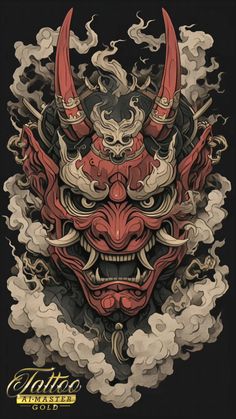 Smokey Oni Mask Tattoo, Kabuki Mask Tattoo Design, Oni Mask Tattoo Sleeve, Chinese Mask Tattoo, Cyberpunk Mask Concept Art, Oni Back Tattoo, Oni Samurai Tattoo, Oni Demon Tattoo