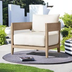 a chair sitting on top of a rug next to a potted plant in a yard