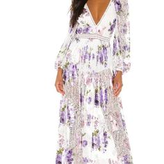 New With Tags Plunge V-Neck Lace Throughout Unlined Back Zipper Closure White Floral Print V-neck Maxi Dress, White V-neck Maxi Dress With Floral Print, White V-neck Maxi Dress For Garden Party, White V-neck Maxi Dress For Date Night, Lemon Dress, For Love And Lemons, Lace Maxi Dress, Wild Flowers, Colorful Dresses