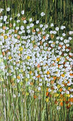 a painting of white and orange flowers in tall grass