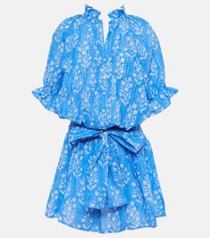 Floral cotton-blend minidress in blue - Juliet Dunn | Mytheresa Rose Border, Luxury Resort Wear, Ruffled Collar, Brand Collection, Mini Shirt Dress, British Style, Feminine Style, Day Dresses, Summer Vibes