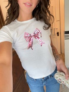 Pink Disco Bow Shirt 90s Crop Top, Coquette Clothing, Cottagecore  GenZ Shirt, Preppy 2000s Retro Y2K Baby Tee Look Cute Gift for Girlfriend Y2k Pink T-shirt With Funny Print, Y2k Style Pink T-shirt With Funny Print, Pink Y2k T-shirt With Funny Print, 90s Inspired Pink Fitted T-shirt, 90s Inspired Pink T-shirt For Spring, Cute Short Sleeve Party Tops, Y2k Crew Neck T-shirt For Party, 90s Style Summer Party T-shirt, 90s Short Sleeve Party Tops