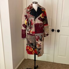 Beautiful Floral Coat By John Paul Gutierrez Size 6 Snaps Up The Front Shoulders 16 Sleeves 23 Length 38 Under Arm To Arm And Back 20 Elegant Patchwork Outerwear For Fall, Multicolor Notch Lapel Outerwear For Fall, Tailored Multicolor Outerwear With Notch Lapel, Fitted Patchwork Long Coat, Fitted Multicolor Wool Outerwear, Fitted Multicolor Outerwear With Lapel Collar, Fitted Long Patchwork Coat, Fitted Patchwork Outerwear For Fall, Fitted Multicolor Long Coat