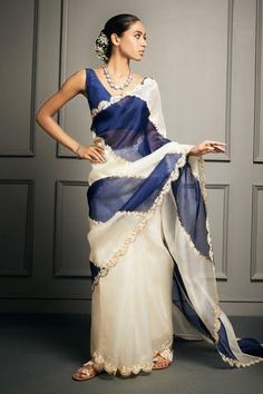 Shop for Stotram Blue Organza Striped Saree Set for Women Online at Aza Fashions Organza Saree Look Ideas, Organza Saree Aesthetic, Striped Saree, Lengha Sari, Simple Saree Designs, Sari Design, Blue Organza, Traditional Blouse Designs, Wardrobe Goals