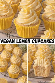 vegan lemon cupcakes on a cooling rack with frosting and lemon slices