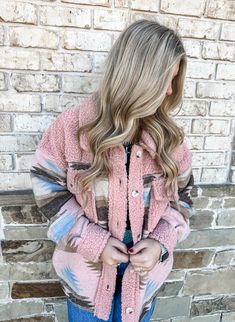 TTS Buttons Soft Material Pink Long Sleeve Tops For Outdoor, Pink Fall Top With Pockets, Fall Pink Tops With Pockets, Pink Tops With Pockets For Fall, Trendy Winter Tops For Outdoor, Trendy Long Sleeve Tops For Outdoor, Aztec Jacket, Pearl Cuff, Wild Rag