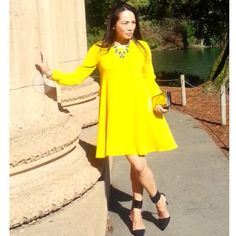 Bloggers Favorite Dress!! Vibrant Color. Knee Length.Very Simple And Beautiful Tailored Style Statement Elegant Yellow Fit And Flare Dress, Elegant Yellow Mini Dress For Fall, Chic Yellow Shift Dress, Yellow A-line Mini Dress For Work, Zara A-line Mini Dress For Brunch, A-line Shift Dress For Brunch, Zara A-line Dress For Fall, Elegant Flowy Zara Mini Dress, Yellow A-line Midi Dress For Work