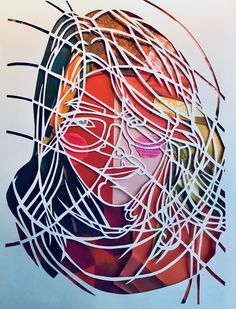 an abstract painting of a woman's face with lines on it