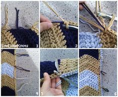 four pictures showing how to crochet an afghan